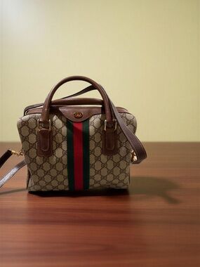 Gucci Beige GG Supreme Canvas Brown Leather Satchel with Green & Red Web